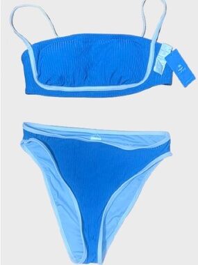 Cupshe Blue Ribbed Two-Piece Bikini with Light Blue Trim